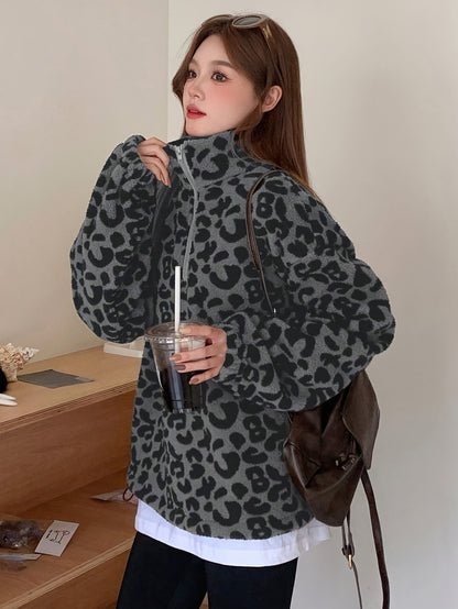 Elegant Leopard Print Plush Hoodie – Soft Fleece-Lined Zip Jacket