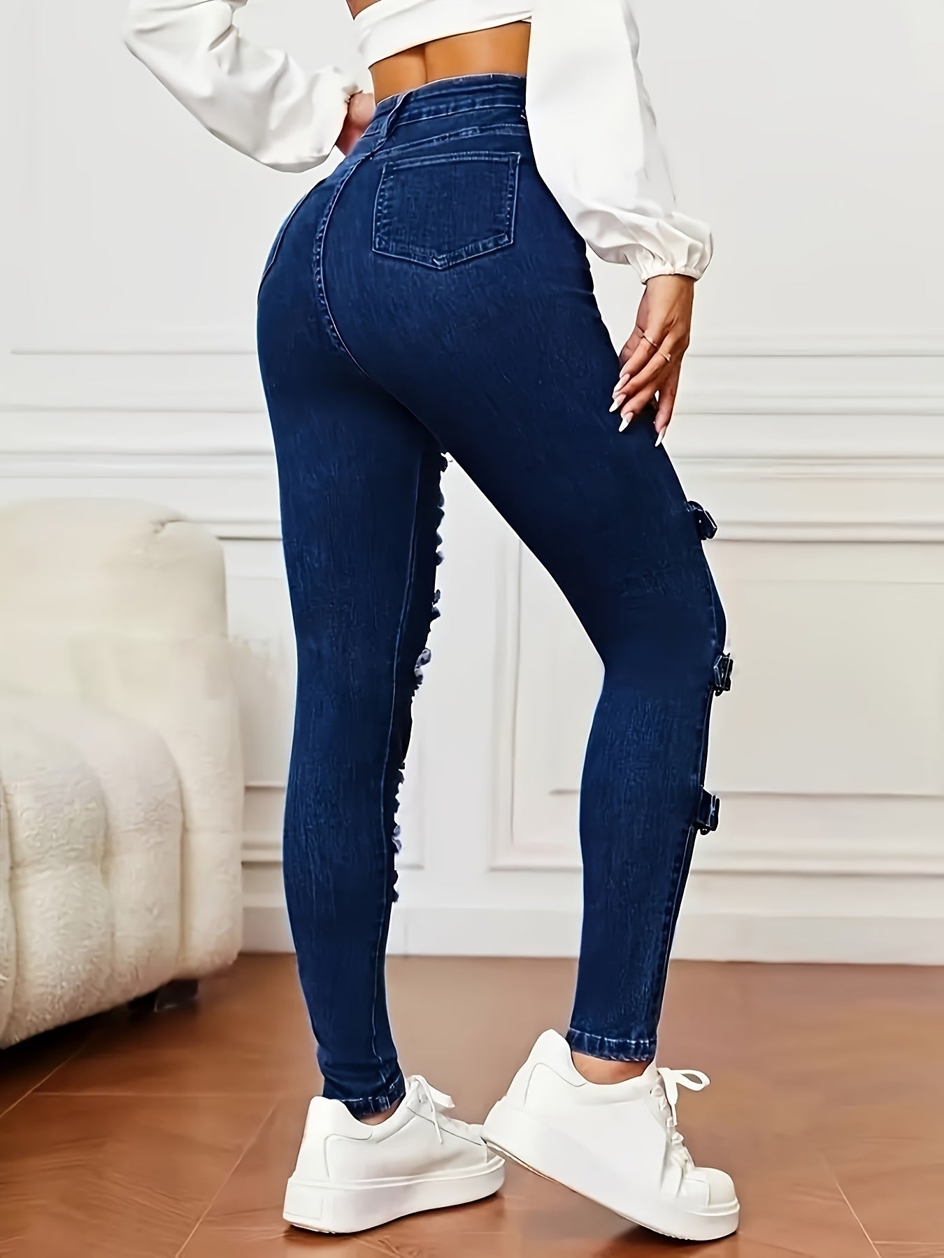 Vaqueros ajustados rotos – Denim azul oscuro muy elástico