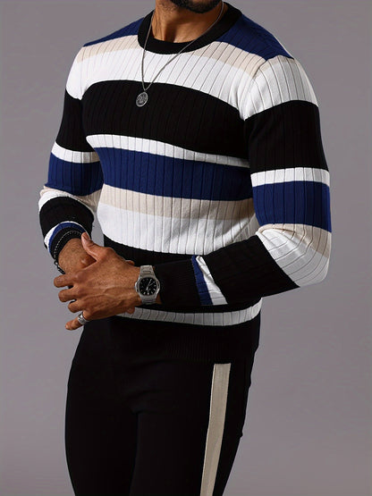 Men’s Striped Ribbed Knit Sweater – Color-Block Fall Winter Pullover