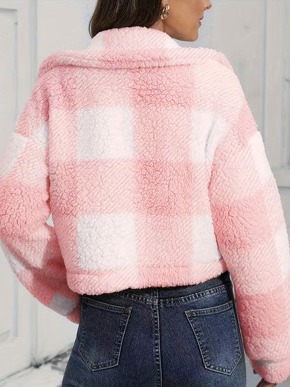 Women’s Plaid Teddy Coat – Button-Up Warm Checkered Fall/Winter Outerwear