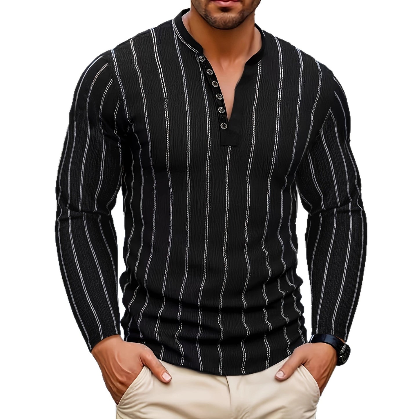 Jersey de manga larga a rayas y cuello redondo para hombre – Suéter informal ajustado
