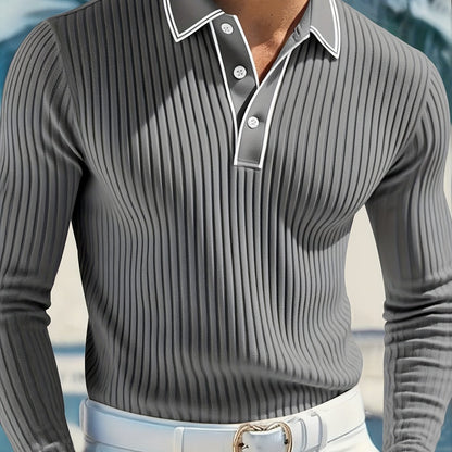 Men’s Stripe Polo Shirt – Relaxed Fit Long Sleeve Casual Top