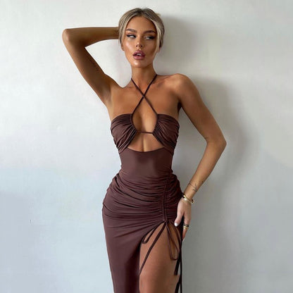 Halterneck Lace-Up Split Maxi Dress – Backless Y2K Summer Party Dress