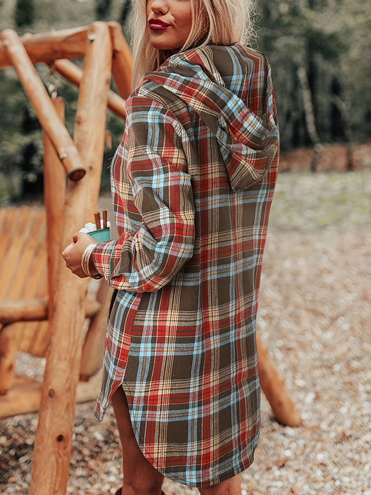 Women’s Retro Plaid Hooded Sweatshirt – Long Button-Up Fall Hoodie