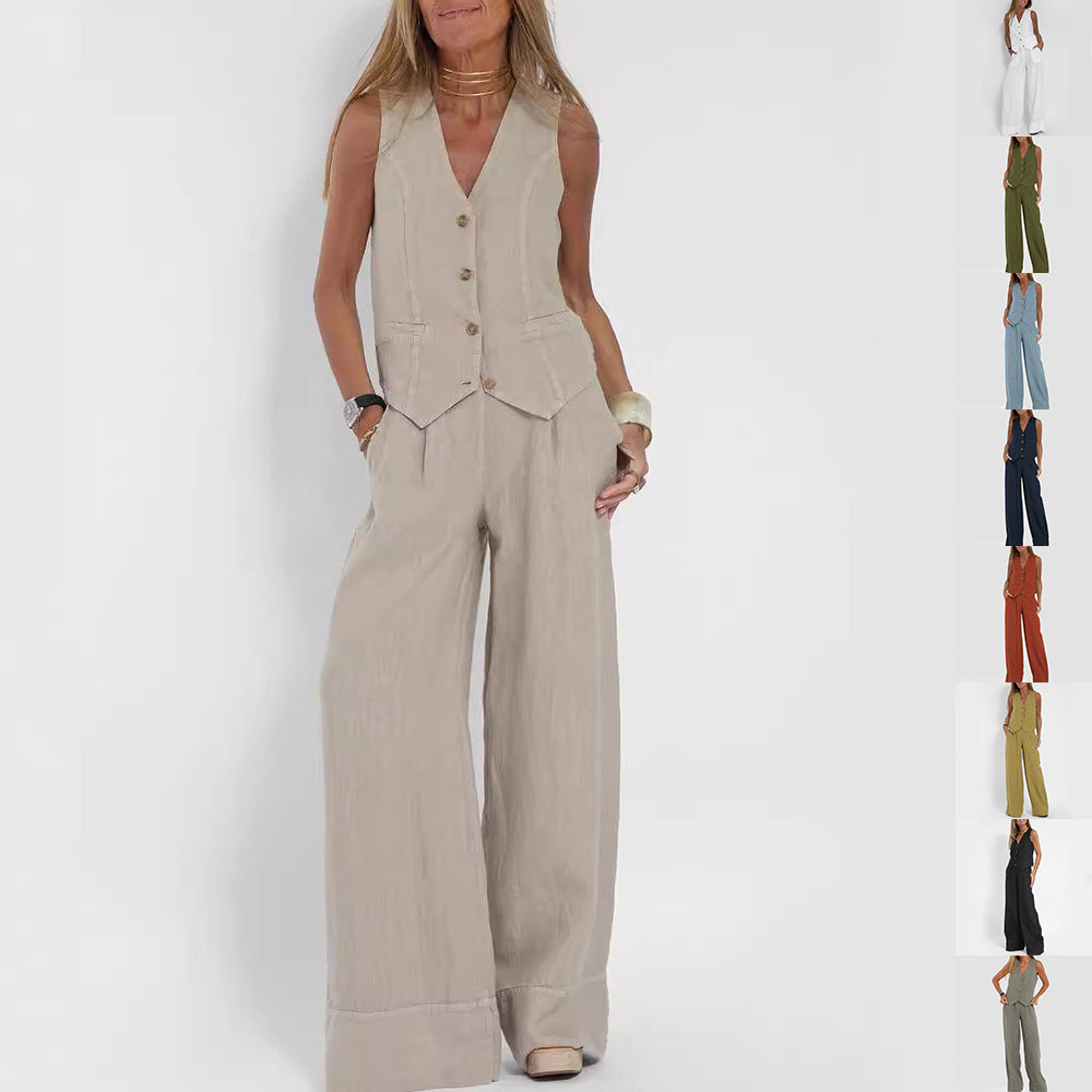 Loom & Soul™ Women’s Cotton-Linen Vest Suit – Sleeveless V-Neck Top & Loose Straight Trousers Set
