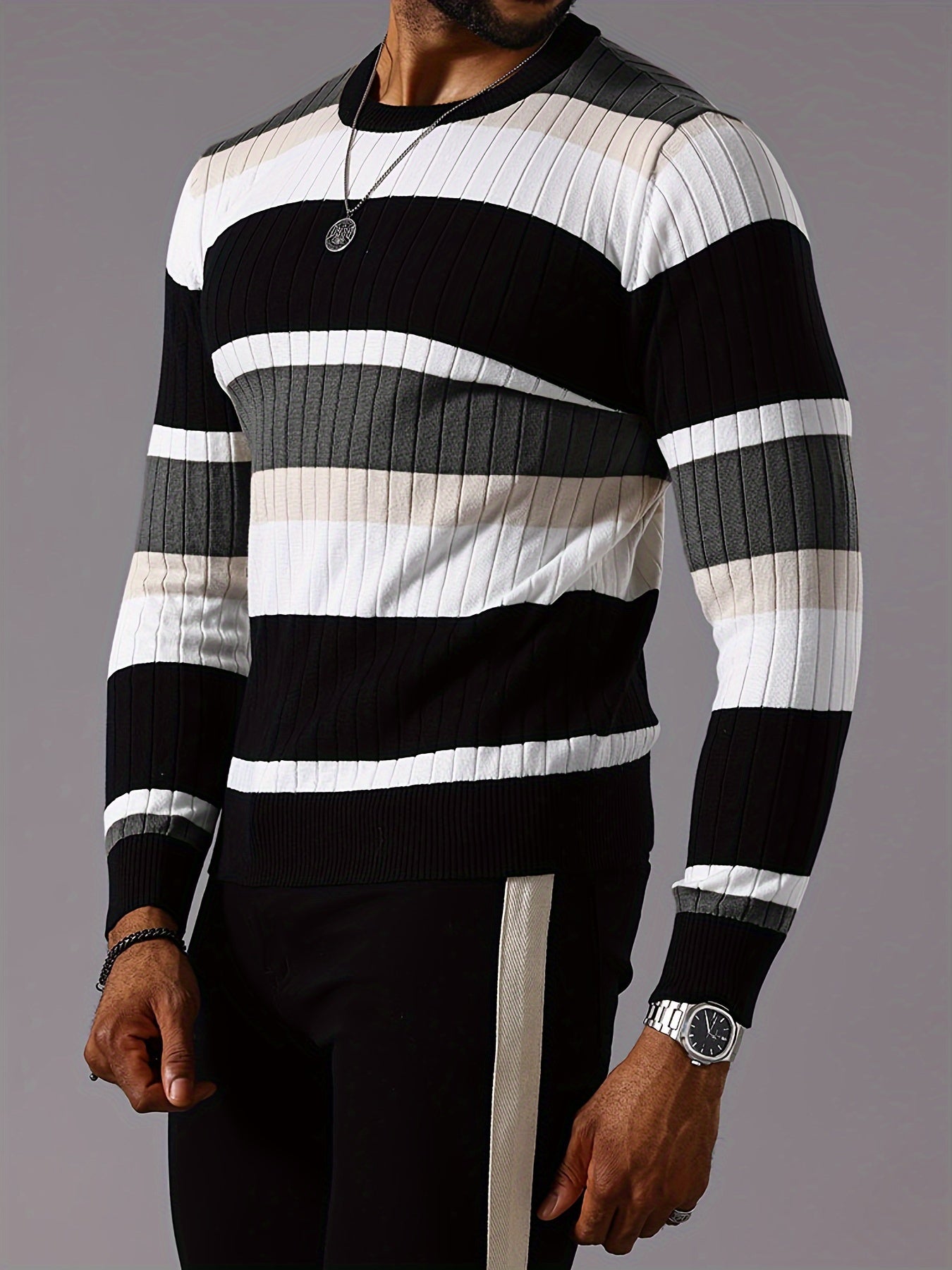 Men’s Striped Ribbed Knit Sweater – Color-Block Fall Winter Pullover
