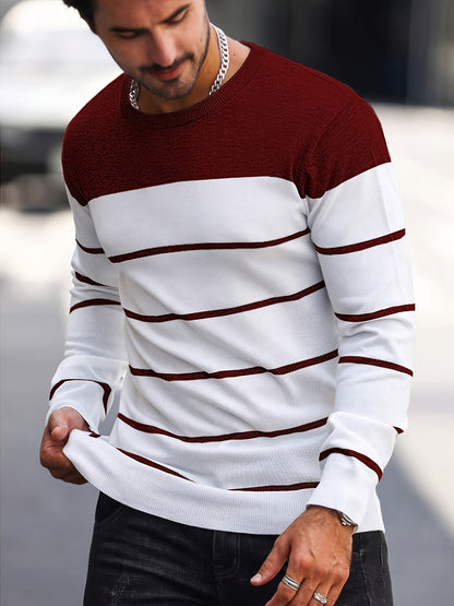 Pull tricoté rayé bleu marine pour homme – Col rond décontracté