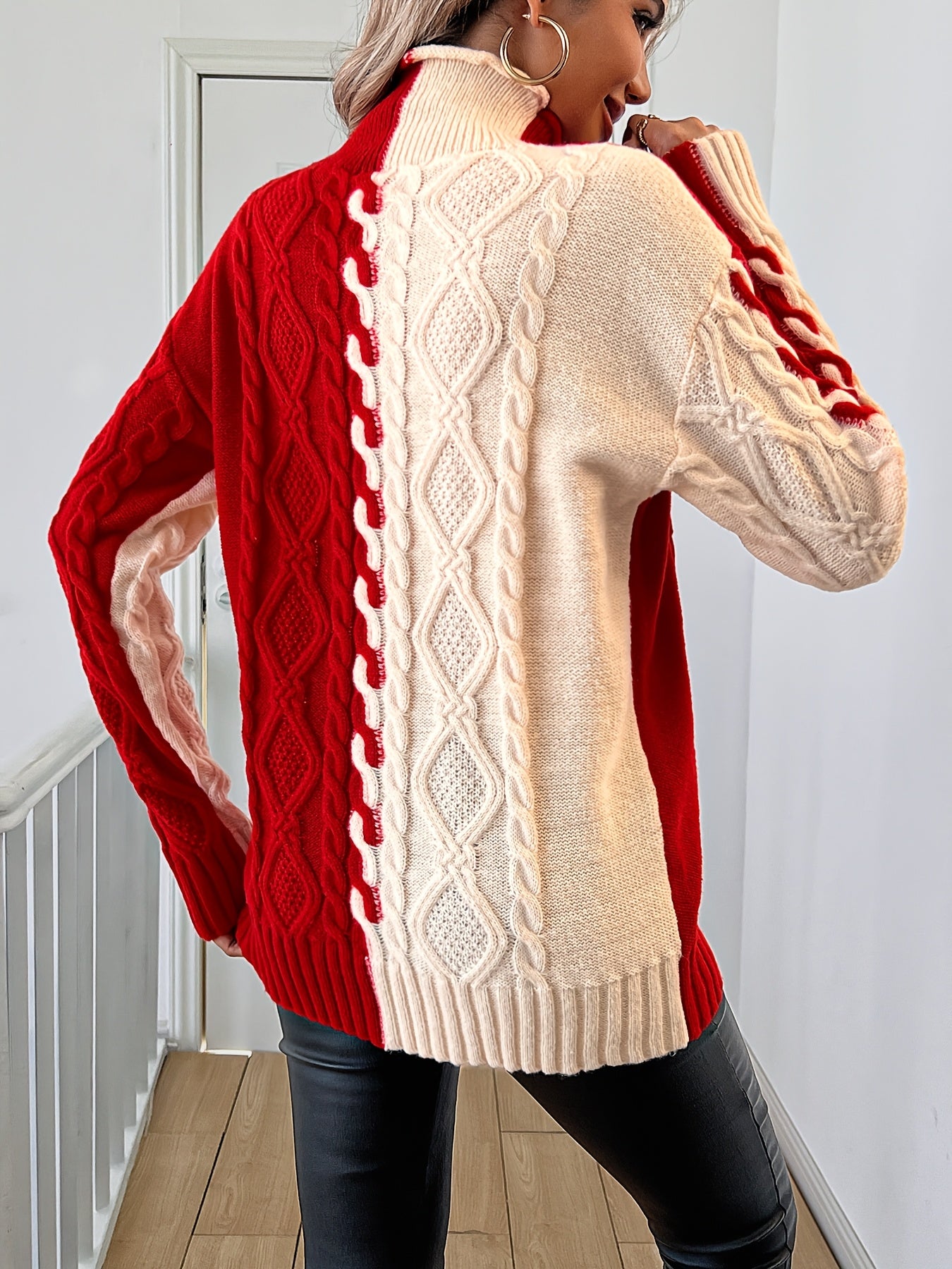 Elegant High-Neck Striped Blouse – Color-Block Knit Long Sleeve Top