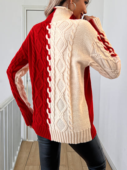 Elegant High-Neck Striped Blouse – Color-Block Knit Long Sleeve Top