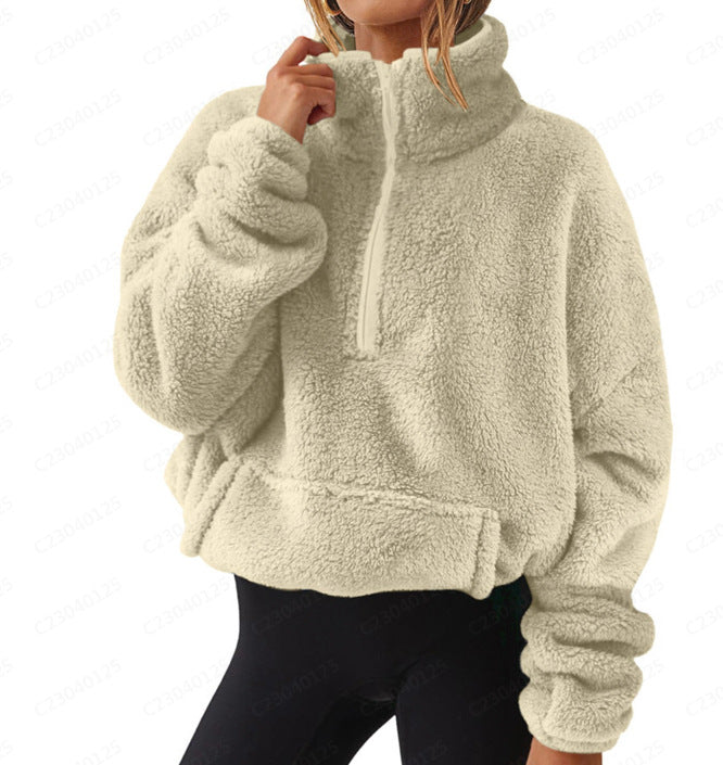 Women’s Velvet Fleece Half-Zip Sweater – Stand Collar Winter Pullover