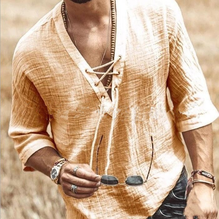 T-shirt ras du cou à lacets pour homme – Haut décontracté en coton à manches mi-longues