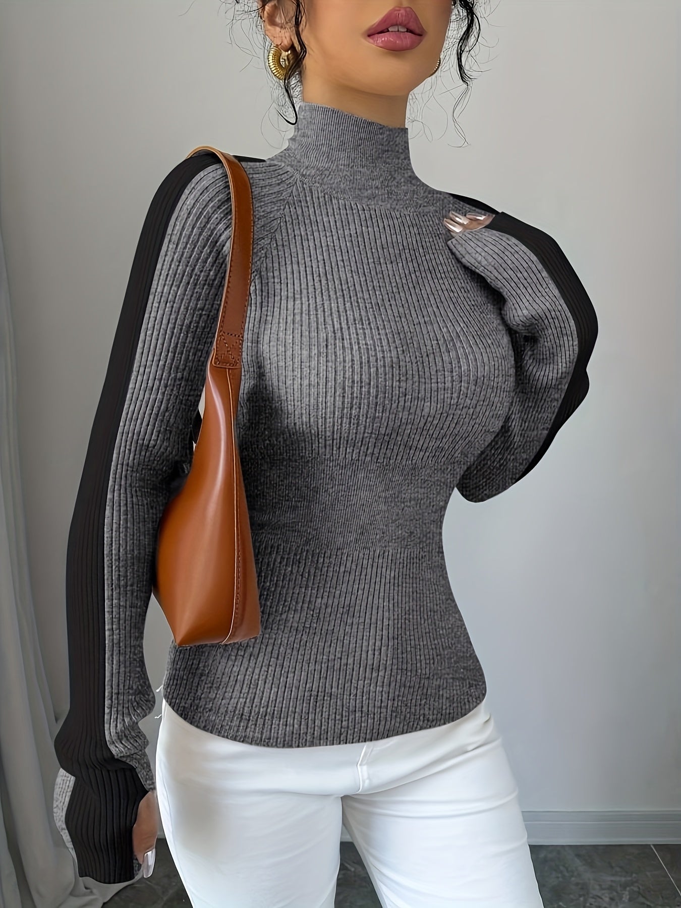 Suéter de cuello alto color block para mujer - Blusa elegante de punto suave