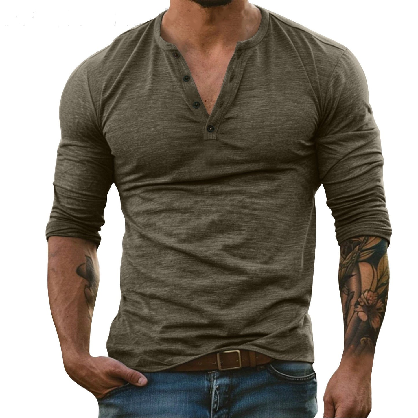 Camiseta de manga larga de mezcla de bambú para hombre - Cuello redondo informal de algodón suave