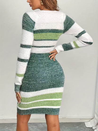 Women’s Elegant Long Sweater Dress – Colorblock Knit Party & Office Wear