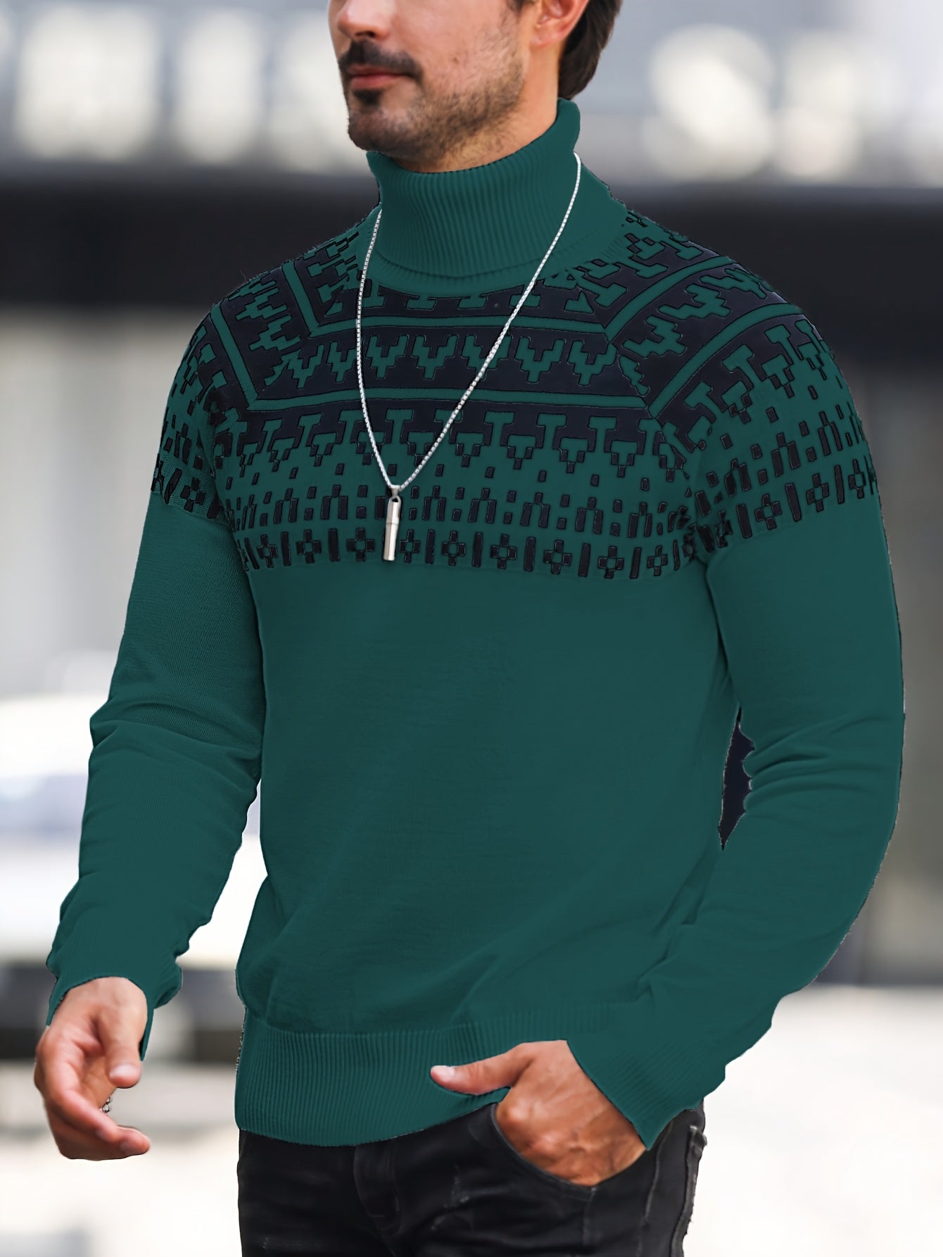 Suéter de cuello alto geométrico para hombre - Suéter informal de punto para otoño e invierno