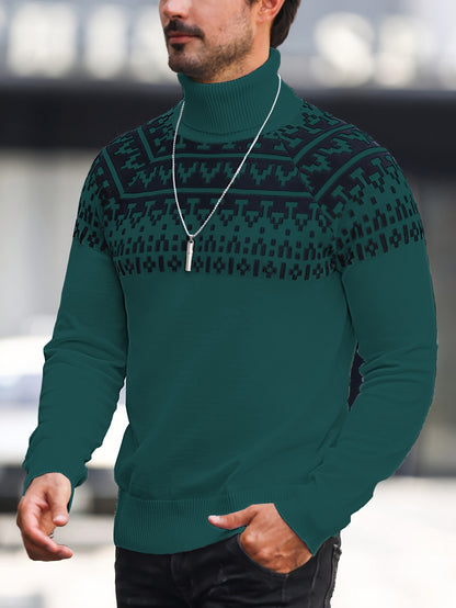 Suéter de cuello alto geométrico para hombre - Suéter informal de punto para otoño e invierno