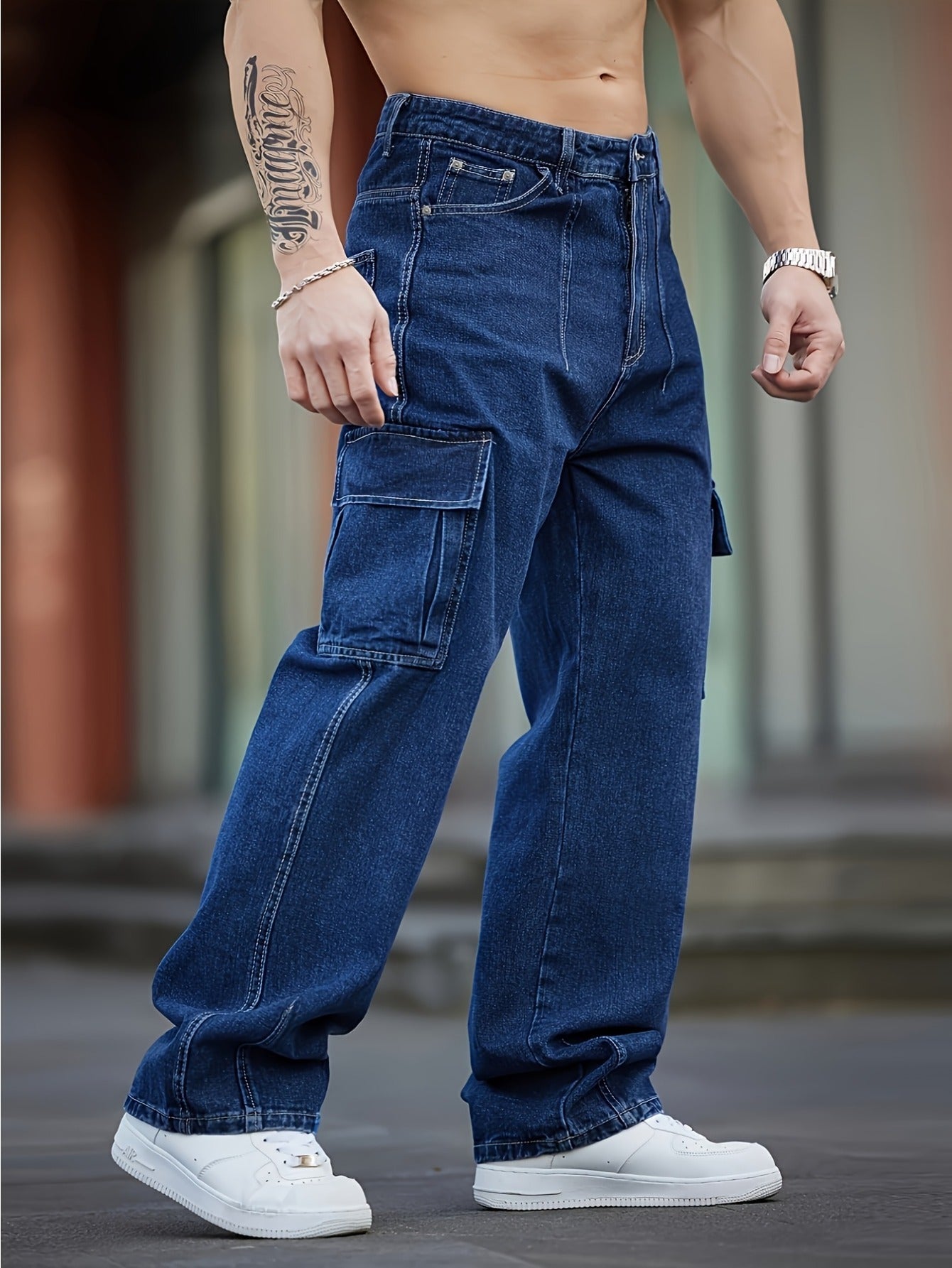 Jean taille large urbain – Jean délavé à poches multiples