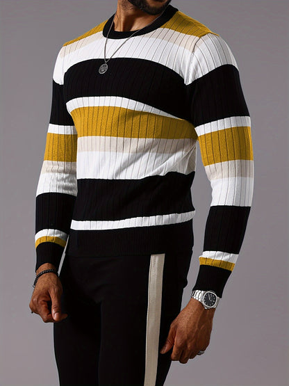 Men’s Striped Ribbed Knit Sweater – Color-Block Fall Winter Pullover