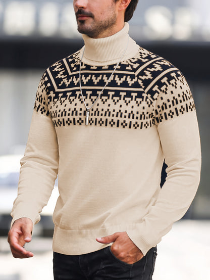 Suéter de cuello alto geométrico para hombre - Suéter informal de punto para otoño e invierno
