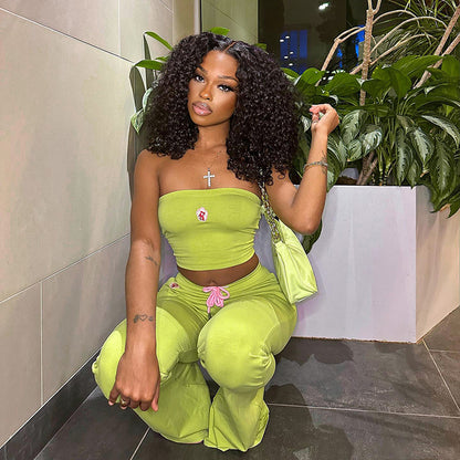 Loom & Soul™ Summer Embroidered Two-Piece Set – Women’s Tube Top & High-Waist Bell-Bottom Pants