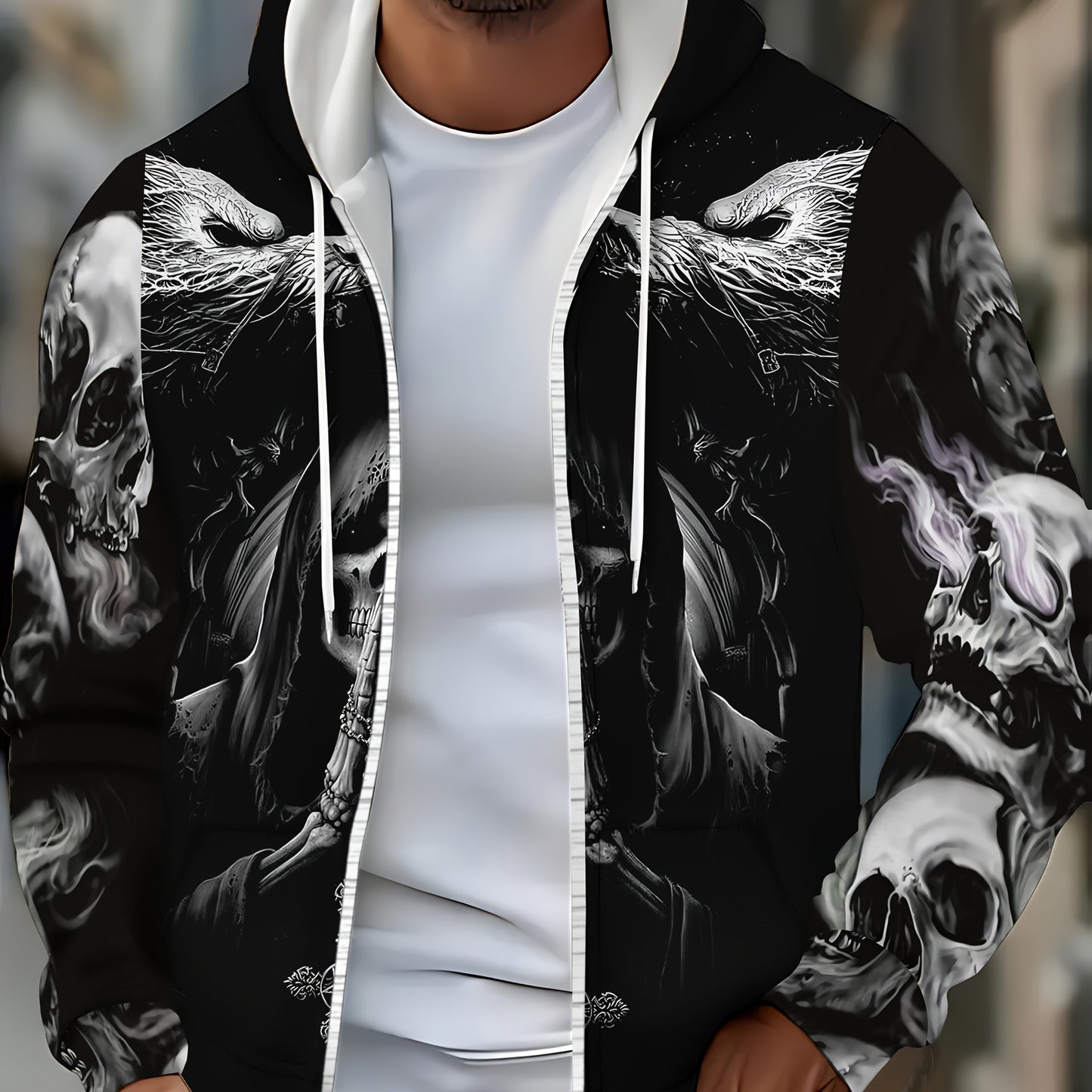 Loom & Soul Men’s Gothic Skull Zip Hoodie – Fiery Wing Streetwear Jacket