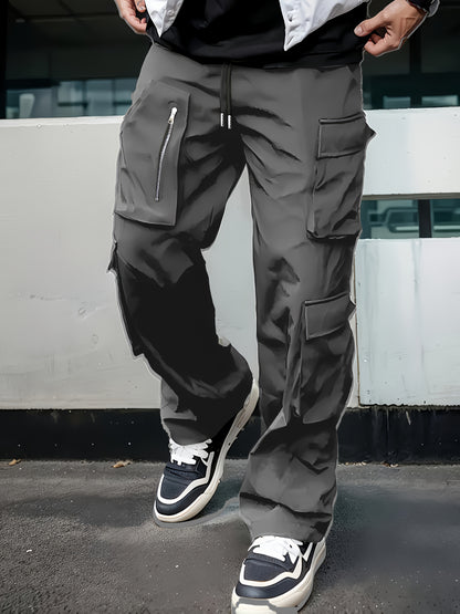 Men’s Black Cargo Pants – Multi-Zip Loose-Fit Outdoor Joggers for Spring/Fall
