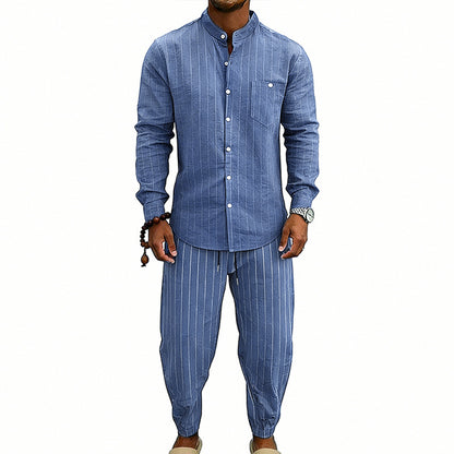 Men’s Striped Henley Set – Linen Jogger Streetwear Outfit
