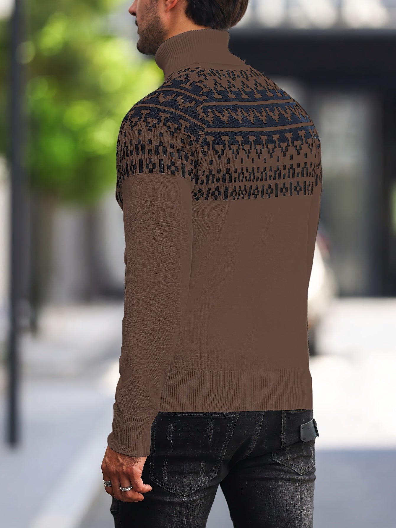 Suéter de cuello alto geométrico para hombre - Suéter informal de punto para otoño e invierno
