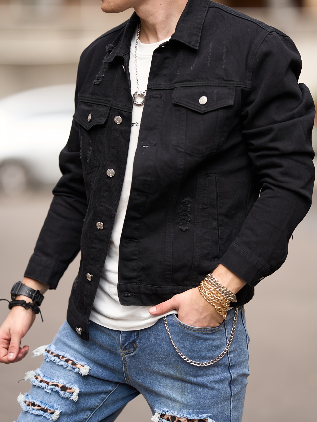 Chaqueta de mezclilla negra de corte ajustado para hombre – Estilo Moto con bolsillos