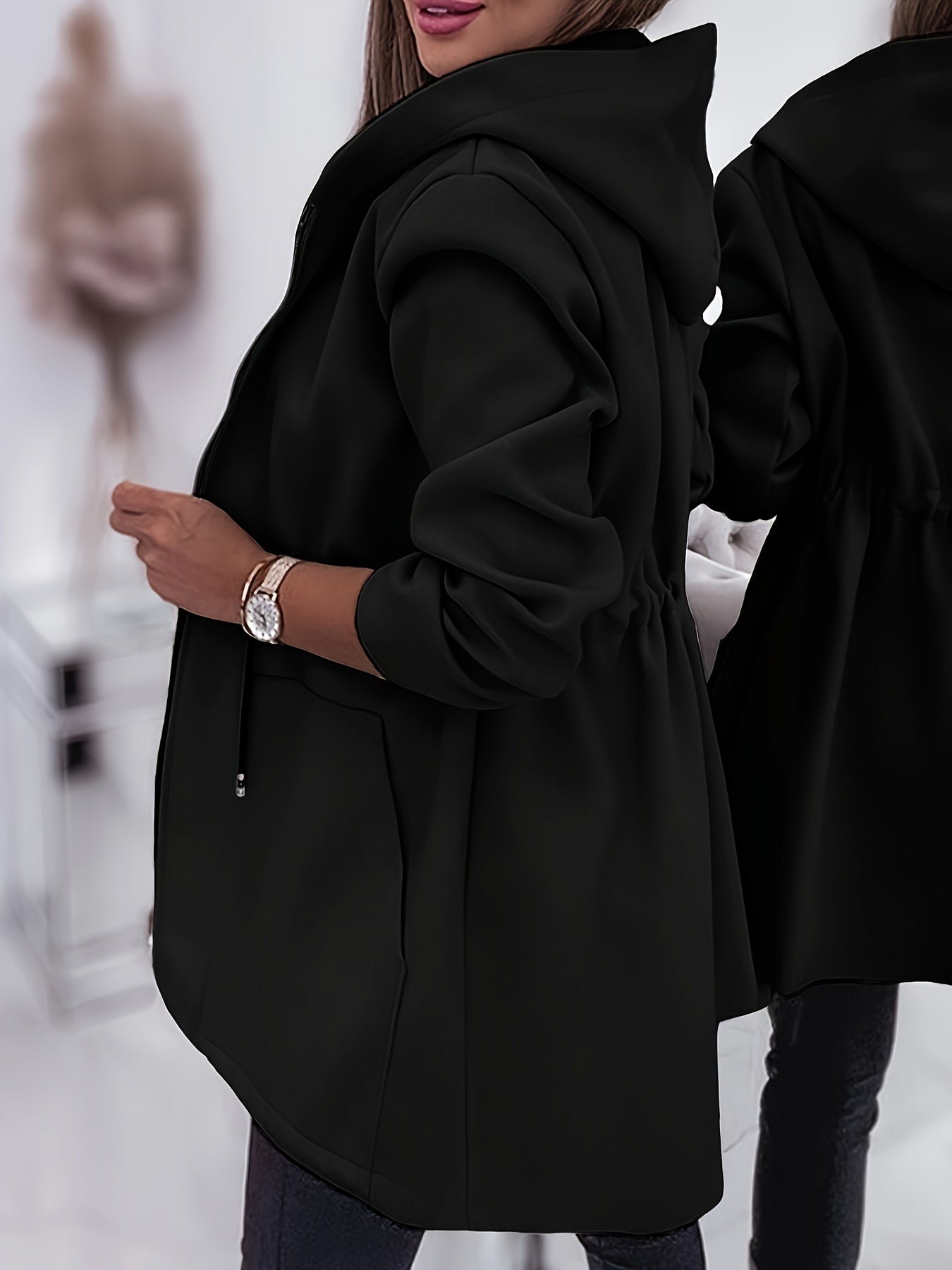 Women’s Solid Hooded Jacket – Machine-Washable Polyester Fall/Winter Coat