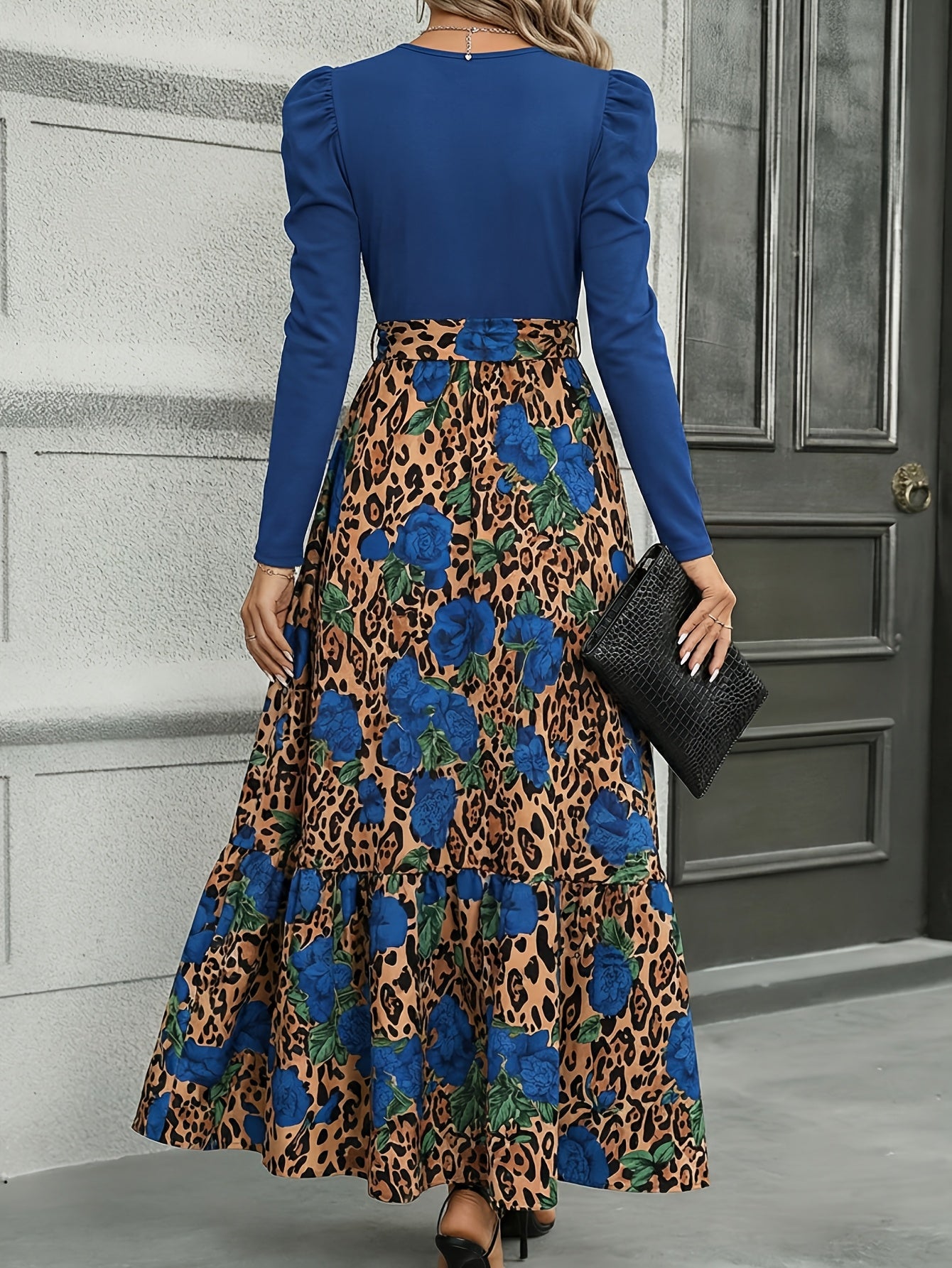Vestido con estampado de leopardo y retazos con lazo en la cintura – Vestido entallado de manga larga elegante
