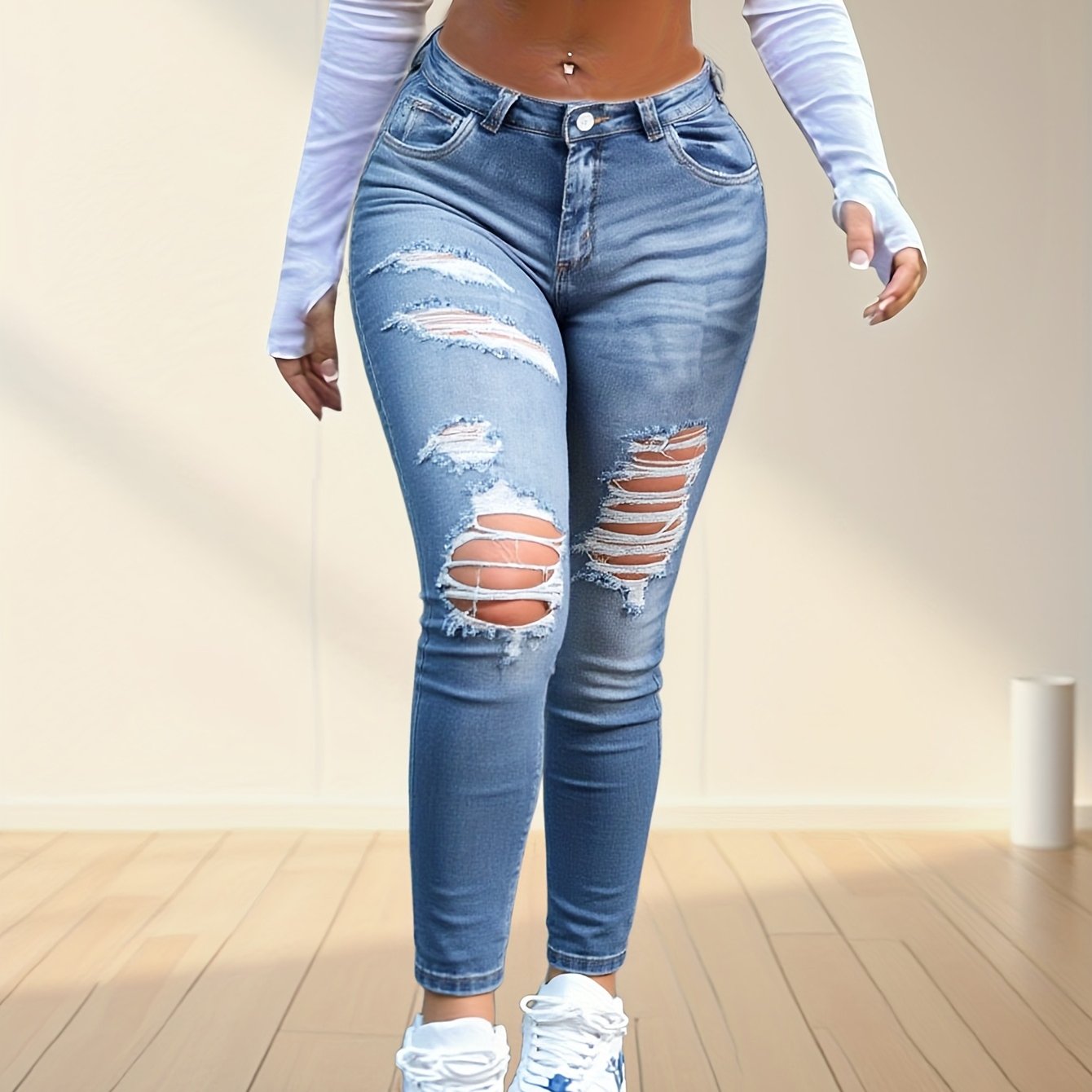 Women’s Ripped Skinny Jeans – High-Stretch Distressed Street Denim