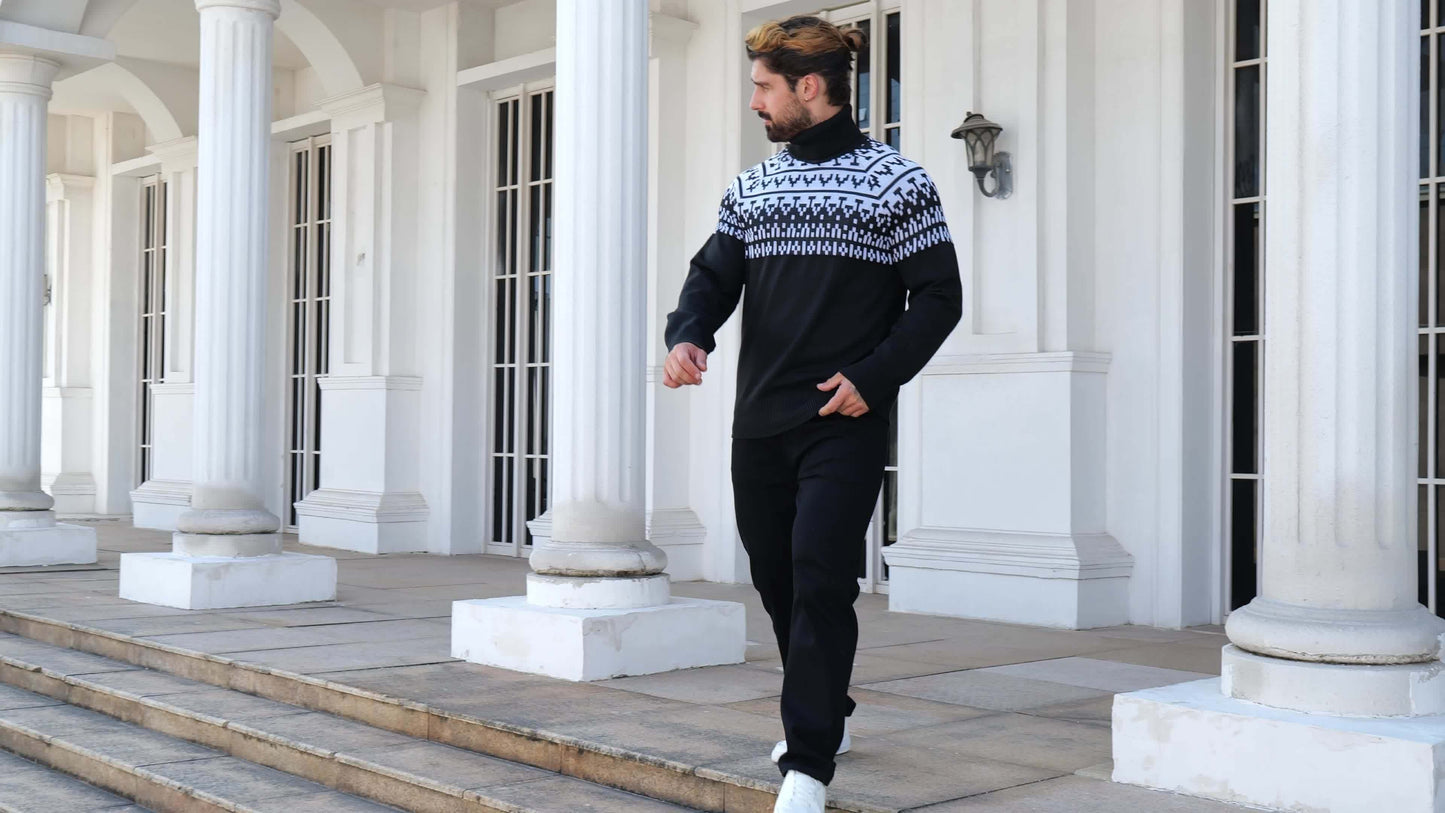 Suéter de cuello alto geométrico para hombre - Suéter informal de punto para otoño e invierno