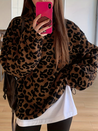Elegant Leopard Print Plush Hoodie – Soft Fleece-Lined Zip Jacket