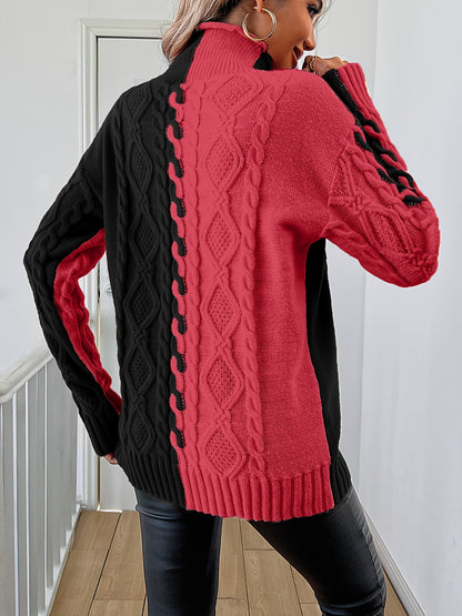 Elegant High-Neck Striped Blouse – Color-Block Knit Long Sleeve Top