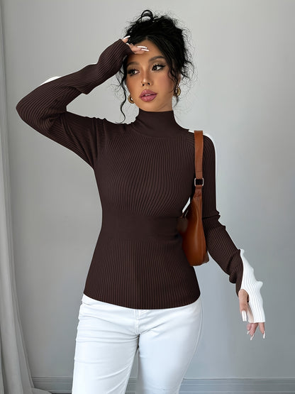Suéter de cuello alto color block para mujer - Blusa elegante de punto suave