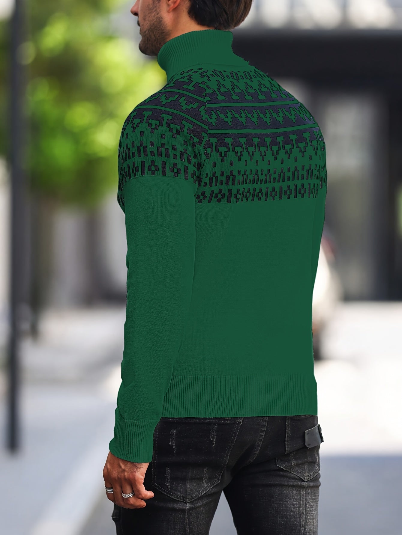 Suéter de cuello alto geométrico para hombre - Suéter informal de punto para otoño e invierno