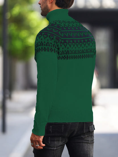 Suéter de cuello alto geométrico para hombre - Suéter informal de punto para otoño e invierno