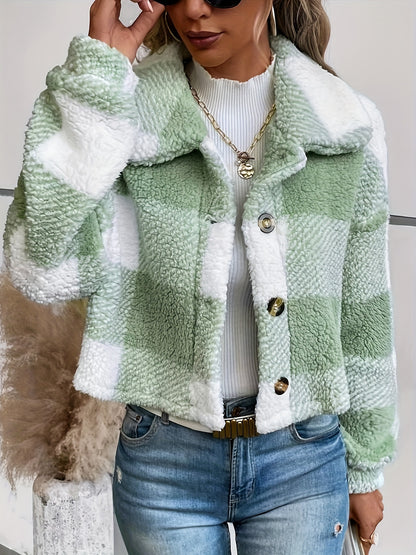 Women’s Plaid Teddy Coat – Warm Button-Up Long Sleeve Winter Outerwear