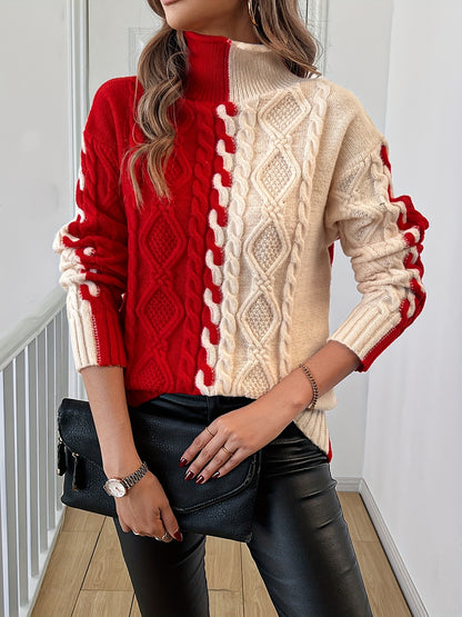 Elegant High-Neck Striped Blouse – Color-Block Knit Long Sleeve Top