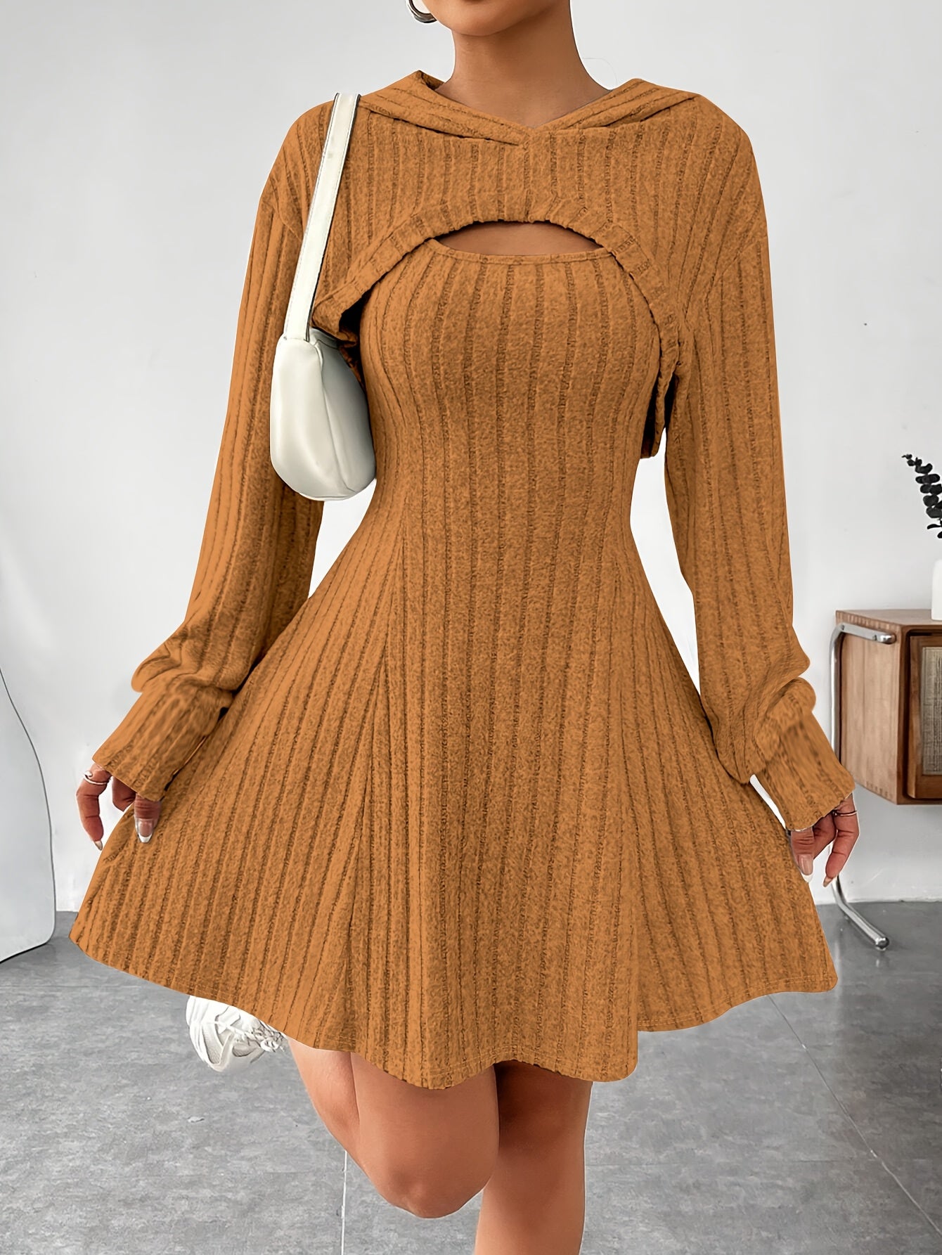 Women’s Ribbed Two-Piece Dress Set – Hooded Short Top & Bodycon Dress