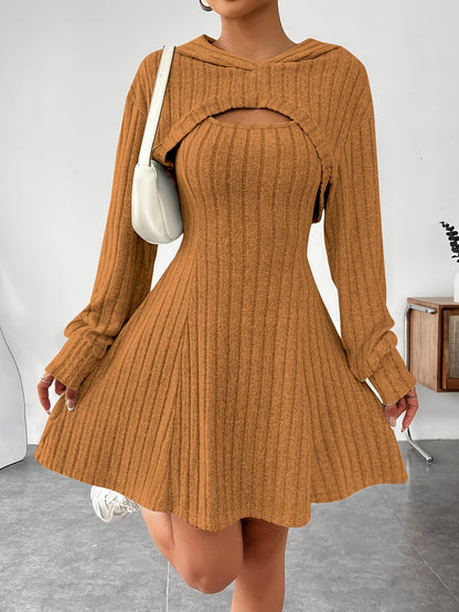 Women’s Ribbed Two-Piece Dress Set – Hooded Short Top & Bodycon Dress