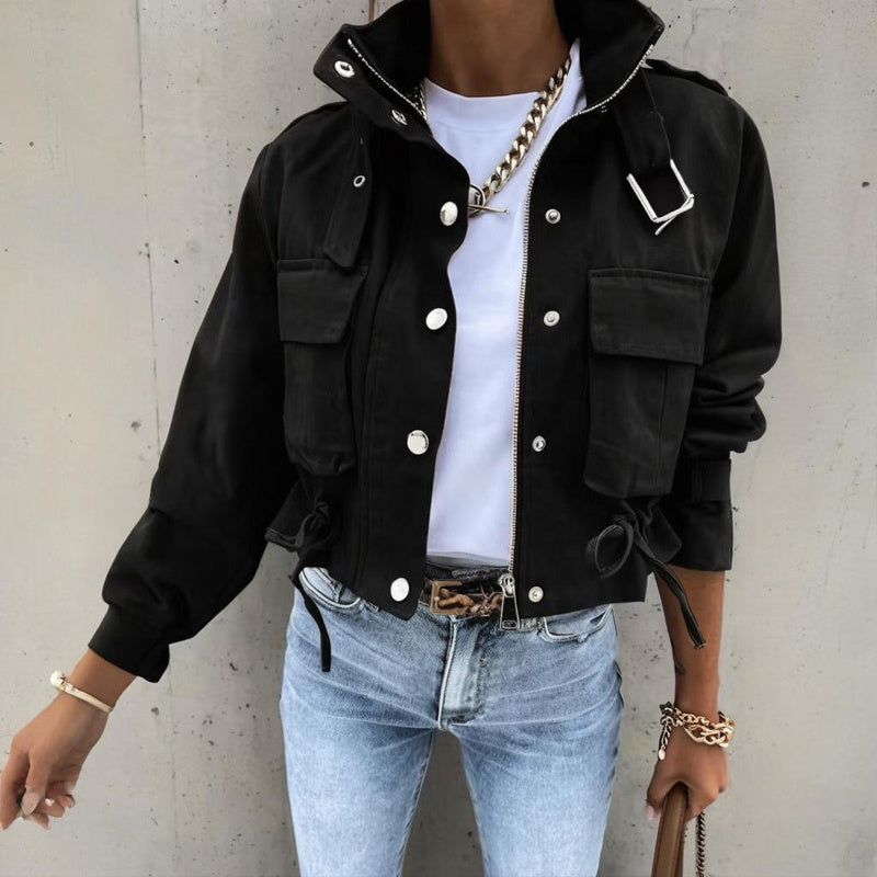 Chaqueta Corta Casual para Mujer con Cuello Alto, Botones y Cremallera