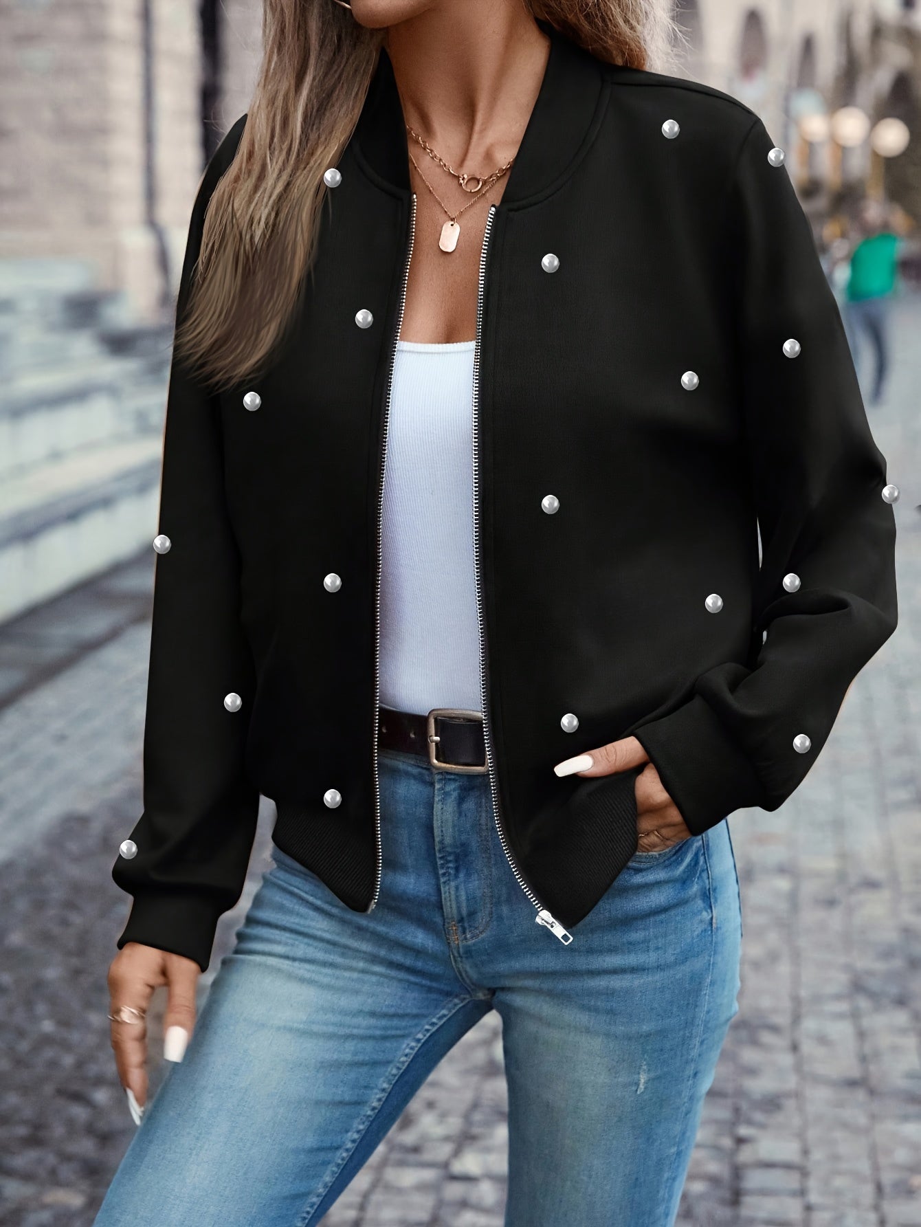 Pearl Embellished Baseball Jacket – Elegant Women’s Button-Up Outerwear