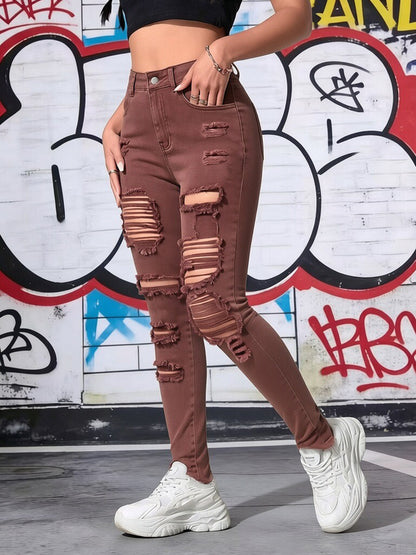 Women’s Brown Ripped Skinny Jeans – High Waist Stretch Fit