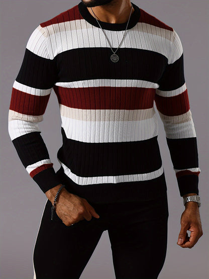 Men’s Striped Ribbed Knit Sweater – Color-Block Fall Winter Pullover