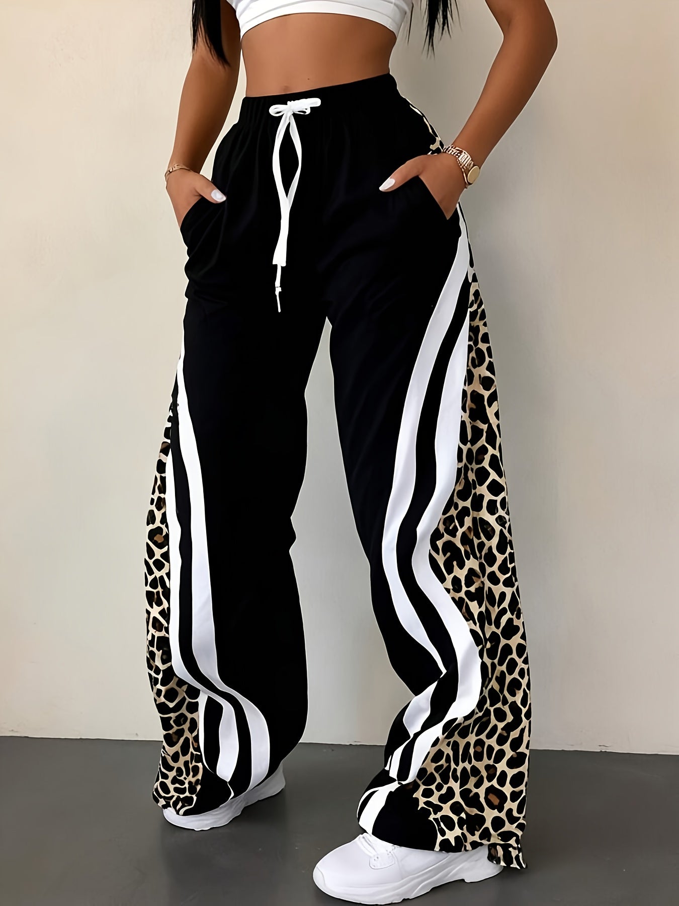Pantalones Anchos con Estampado de Leopardo para Mujer – Pantalones de Verano Casuales con Cordón