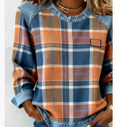 Sudadera de retazos de mezclilla para mujer - Sudadera floral con cuello redondo