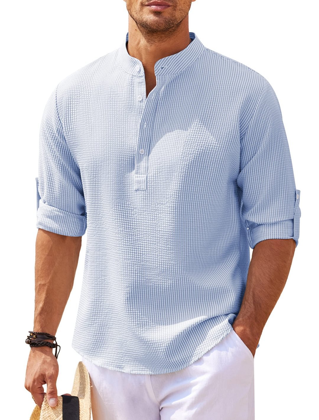 Chemise homme à col montant et manches longues – Pull décontracté coupe ample