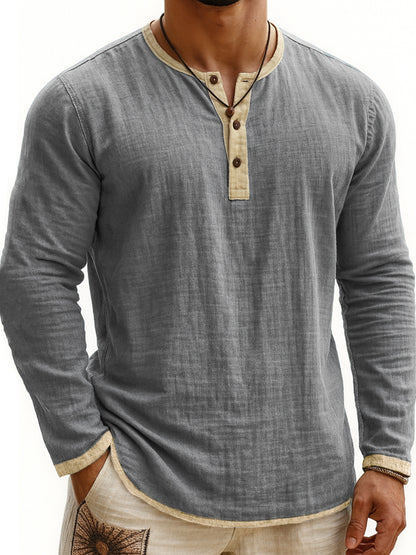 Camiseta Henley de manga larga con estampado digital bicolor para hombre – Corte ajustado de 3 botones